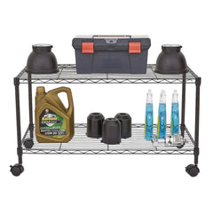 Zimtown 2-Tier Adjustable Rolling Cart, 35"W x 17.7"D x 19"H Garage Shelving Unit Storage Rack, Black