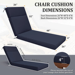 Kimunuk Outdoor Chaise Lounge Cushions set of 2, 80" x 26" x 4" Waterproof Pool Beach Recliner Replacement Cushions with Ties, Navy