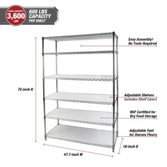 Hyper Tough 6-Tier Wire Storage Shelves with Liners, 48" W x 18" D x 72" H, 3600 lb Load Capacity, Chrome