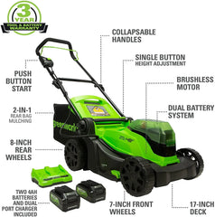 Greenworks 48V (2 x 24V) 17" Lawn Mower, With 2 x 24V 4Ah Batteries and Dual Port Charger