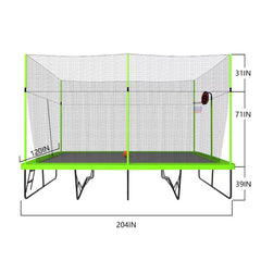 Triple Tree Rectangular Trampoline with Basketball Hoop, Green, 204.00" x 120.00" x 141.00"