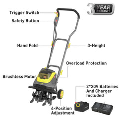 PowerSmart 40V 12-inch Cordless Garden Tiller/Cultivator, 23.4 x 14 x 12.8 inches
