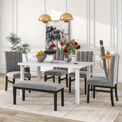 Set of 6 Marble Sticker Dining Table and 4 Velvet Upholstered Dining Chairs and Bench (White+Grey) Dimensions Table: 60"L x 36"W x 30"H Chair: 19.3"L x 20.5"W x 37.8"H