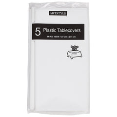 Artstyle Plastic Tablecovers, 54 in x 108 in, White, 5-count