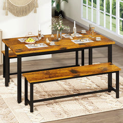 AWQM Dining Table Set with Two Benches, Kitchen Table Set for 4-6 Persons, Kitchen Table of 43.4 x 23.7 x 28.6 Inches, Bench of 38.6 x 11.9 x 17.6 Inches Each, Rustic Brown and Black