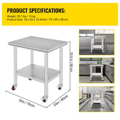 KFFKFF Stainless Steel Work Table with Wheels 24 x 30 Prep Table with casters Heavy Duty Work Table for Commercial Kitchen Restaurant Business (24 x 30 x 32 inch)