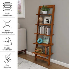 5 Tier Bookshelf Leaning Ladder Shelf Decorative Book Shelves for Bedroom - 11.5"D x 16.25"W x 50"H Cherry
