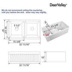 DeerValley Nova DV-1K503 Fireclay White Double Basin Farmhouse Kitchen Sink with Grid & Basket Strainer (33"L x 18"W x 10"H)