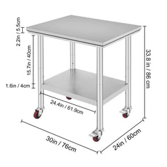 KFFKFF Stainless Steel Work Table with Wheels 24 x 30 Prep Table with casters Heavy Duty Work Table for Commercial Kitchen Restaurant Business (24 x 30 x 32 inch)